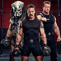 french crossfitter with a mustache carrying dumbells, standing with Arnold Schwarzenegger in original 1986 Predator, high definition, highly detailed, in the style of a movie poster