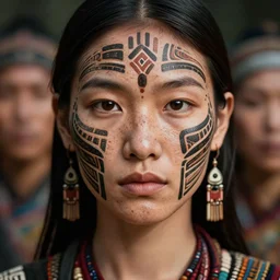 portrait of a stunningly beautiful asian tribal female, with tribal face paint, freckles, depth of field, zeiss lens, detailed, symmetrical, centered, fashion photoshoot, by Annie Leibovitz and Steve McCurry, David Lazar, Jimmy Nelsson, Breathtaking, 8k resolution, extremely detailed, beautiful, establishing shot, artistic, hyperrealistic, beautiful face, octane render