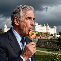 George W. Bush licking a lollipop, a historic old white fortress in the background