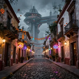 a futuristic small mexican town cobbled street, blade runner 2 0 4 9 guanajuato alleys, futuristic colonial city architecture, mexican dia de muertos decorations, environmental lighting, stromy weather, ray tracing, amazing view, highly detailed, neon shops, octane render, unreal engine 5, 4 k