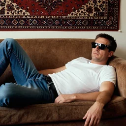 a photo of soviet lying on brown sofa man wearing brutal black sunglasses from deus ex and jeans and white tshirt with a persian carpet on wall behind of man, cinestill