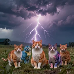 colorful cats in the middle of the storm, thunder, lightning