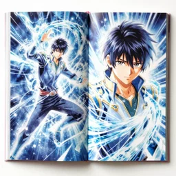 beautiful manga double spread illustration of a hero with ice powers by yusuke murata, double spread