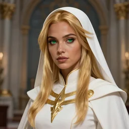 Pretty Female Cleric, white robes, golden details, church background, golden hair, green eyes, light brown skin, detailed face, DND, D&D, low fantasy, by WLOP, Stanley Artgerm Lau, frank frazetta, Rossdraws, James Jean, artgerm, trending on Arstation, artstationHD, artstationHQ, cgsociety, HD 16K, extremely detailed, face details, pose