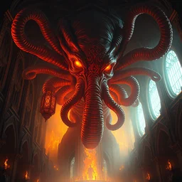 proud cthulhu portrait in a burning cathedral, greg rutkowski, rhads, ferdinand knab, makoto shinkai lois van baarle, ilya kuvshinov, rossdraws, tom bagshaw, global illumination, intricate, detailed, atmospheric lighting, golden hour