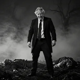 Boris Johnson with a wide grin standing on a hill with a dead bodies in the background, black and white, creepy lighting, foggy atmosphere, scary, horror, ornate, eerie, fear