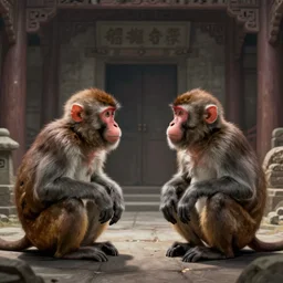 two macaques looking at each other inside ancient medieval house, digital art, soft shadows, creepy art, drawn by shadman