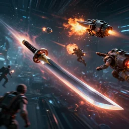 a hyperspeed katana traveling through a cyberpunk space with people attacking each other also flying in space with fireballs in jetpacks in a very cinematic but also unreal environment