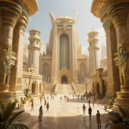 inside an ancient egyptian inspired futuristic kingdom city with people walking around, highly detailed, 8 k, hdr, award - winning, octane render, artstation