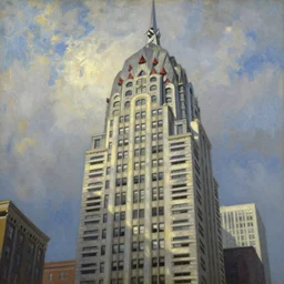 detailed cinematic low angle shot of chrysller building, spring light, painting by gaston bussiere, craig mullins, j. c. leyendecker
