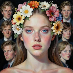 portrait of beautiful girl, blue eyes, covered in flowers by peter lindbergh, sam spratt, michael page, glenn brown, ayami kojima, greg hildebrandt, brian froud, paolo roversi, kilart, 8 k, hyper detailed, hyper realism, acrylic paint, surrealism, smooth, sharp focus.