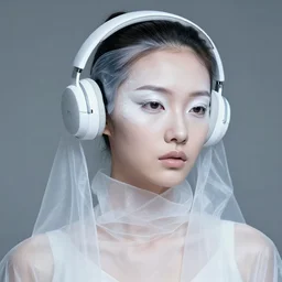 high fashion photography of a model in neo futurism white sci - fi makup, be headset, transparent cloth, beautifully lit
