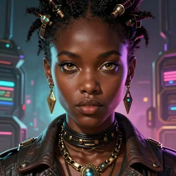 african atompunk bounty hunter, science fiction, highly detailed, digital painting, beautiful eyes, symmetry, concept art, sharp focus, illustration, global illumination, radiant light, synthwave colors, detailed and intricate environment, art by artgerm and greg rutkowski and magali villeneuve and ilya kuvshinov!