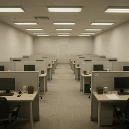 the backrooms : an endless maze of randomly generated office rooms and other environments. it is characterized by the smell of moist carpet, walls with a monochromatic tone of dirty off - white, 1 9 8 0's style carpeted walls and buzzing fluorescent lights % 5 0 working, general sense of run down and abandonment, - n 9
