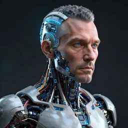 a beautiful portrait of a middle - aged bionic male cyborg, cyberpunk, intricate wiring, electronic components, volumetric light, photography, color, intricate, extremely detailed, photorealistic, stunning, unreal engine 5