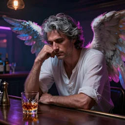 hyper detailed ultra sharp of a beautiful deeply wistful grown male gray - haired angel with big wings sitting alone in the old bar with glass of whiskey, in style of jack vettriano. trending on artstation, neon colors, hyper detailed, digital art, cinematic lighting, concept art by artgerm and greg rutkowski and caravaggio and moebius and jakub rebelka, 8 k