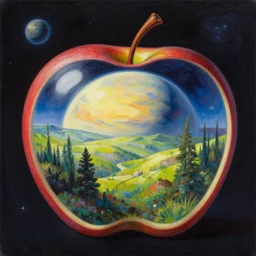a painting of a stunning landscape, a planet in space, striking lighting, inside an apple, ilya kuvshinov, greg rutkowski, john singer sargent, anime, trending on artstation, intricate
