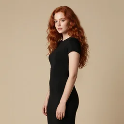 Red-haired woman in a black dress, on a beige background, photorealism