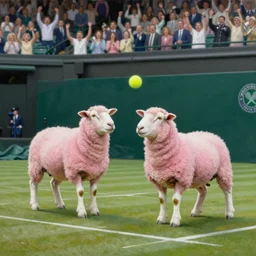 two pink sheep playing tennis at wimbledon on a grass court, the sheep are wearing white shorts and a white polo, the crowd is cheering, oil painting, 1 8 5 0
