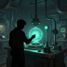 secret underground lab, a silhouette of a man doing some experiment, unreal engine, octane, 4 k, videogame style, retro tech, some green - blueish glowing artifacts