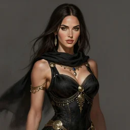 portrait of megan fox, muscular upper body, scarf, greek, jewelry, black dress, fantasy, intricate, elegant, highly detailed, digital painting, artstation, concept art, matte, sharp focus, illustration, art by aenaluck and roberto ferri and greg rutkowski, epic fantasy, digital painting