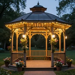 beautiful gazebo with flowers and pretty lights, dusk, romantic,