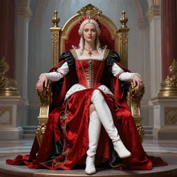 masterpiece concept art, a beautiful highly detailed sci - fi renaissance lady sit on the throne in palace, confident pose, by peter mohrbacher, 8 k, intricate detail, cinematic lighting, red white and black colors