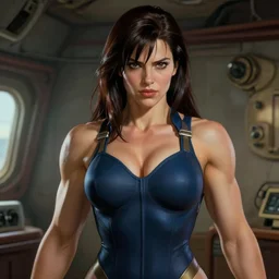 intense demeanor. close detailed digitally painted portrait. ship interior bg. screenshot of a scene in metroid zero of pretty beautiful muscular woman by norman rockwell. character designed by hideaki anno. bodysuit. lustrous hair. lighting by james gurney. trending on artstation. masterpiece. artgerm mucha rutkowski.