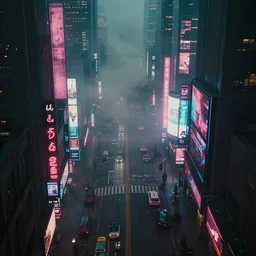 megacity streets seen from above, neon signs, giant screens, eerie fog, blade runner, ex machina