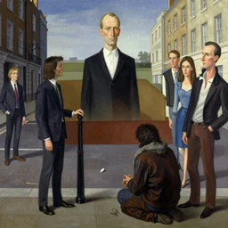 a deity meeting a poor beggar on the streets of london 1 9 8 4 edward hopper and lucian freud, zdzislaw beksinski, in the style of francis bacon, surreal, norman rockwell and malcolm liepke james jean, greg hildebrandt, and mark brooks, triadic color scheme, by greg rutkowski, in the style of syd mead