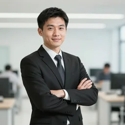 Synth in a business black suit crossed his arms, standing indoors, background blurred, focus in the foreground, realism, details,