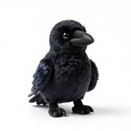 plush toy raven, photorealistic wildlife photography, full body, isolated on a pure white background, centered, entire subject in frame, sharp focus, soft studio lighting