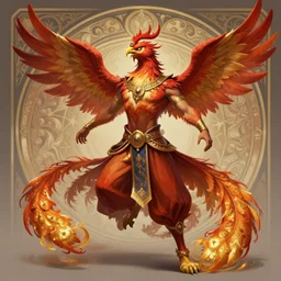 full body photograph of a male anthropomorphic phoenix man fursona arabian dancer, deep focus, intricate, elegant, highly detailed, digital painting, artstation, concept art, matte, sharp focus, illustration, d & d, fantasy, hearthstone, art by artgerm and greg rutkowski and alphonse mucha