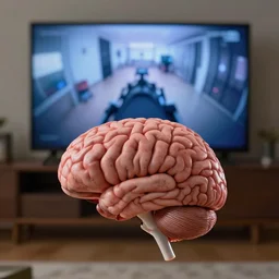 a floating brain watching a tv screen showing a first person camera view