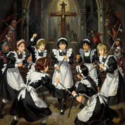 baroque oil painting of key visual environment concept art of anime maids fighting a crusade for the anglican church, brutalist, dark fantasy, rule of thirds golden ratio, fake detail, trending pixiv fanbox, acrylic palette knife, style of makoto shinkai studio ghibli genshin impact jamie wyeth james gilleard greg rutkowski chiho aoshima