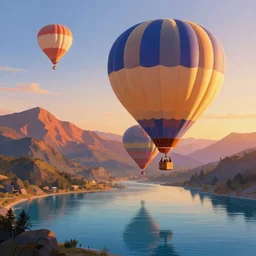 sunrise mountain water hot air balloon digital art by bo xun lin trending on artstation