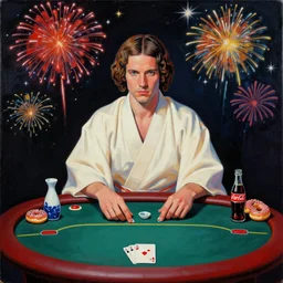 single man in a ivory kimono, sitting at an extremely detailed poker table with the detailed princess leia, sake, coca cola, donuts, on the table, fireworks and stars on the background, by andy warhol, by roy liechtestein, canvas, acrylic paint, dark dull palette, masterpiece, 4 k, ultra - hd