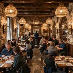 A national geographic photo of the interior of an old inn restaurant filled with people, Trending on artstation