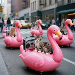 A high quality photograph of a Manhattan street full of wheeled flamingo cars, 1991. High resolution.” + “A color photo of kittens beatboxing with a large boombox at a street, New York city, 1973. High quality, high resolution