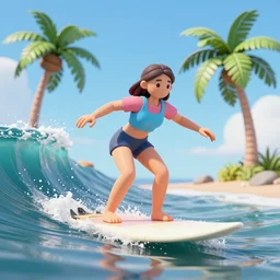 girl on surfboard wave palm tree, 3 d render, in game