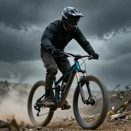 portrait of ghost rider driving a rockrider mountain bike, dramatic lighting, realistic