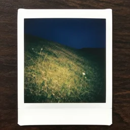 polaroid photo!!! of a empty steep grass hill, flash photography, at night, uncanny photo, colored photograph