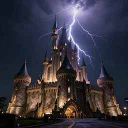 realistic photo of lightening strike on futuristic big one castle, dark night background, sharp focus, wide angle shot, in the style of greg rutswoski, very hyper realistic, highly detailed, fantasy art station