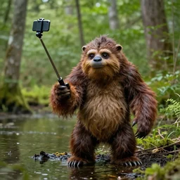 sasquatch holding a selfie stick at the swamp