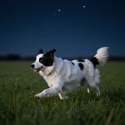 a white and black dog running through a field of stars