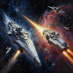 A highly detailed Sci-Fi concept art matte oil painting set in space  by Greg Rutkowski and Thomas Kinkade of an epic Space battle , Two massive capital ships firing at it each other ,while small fighter ships fly in formation ready to attack , nebula and stars in the background , perspective , action shot .