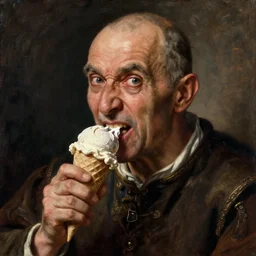 vivid renaissance oil painting of an old bald man angrily eating ice cream