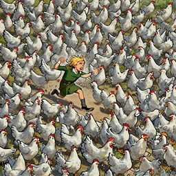 a blonde male elf wearing a green tunic running away in terror from a huge flock of furious white chickens , made by Stanley Artgerm Lau, WLOP, Rossdraws, ArtStation, CGSociety, concept art, cgsociety, octane render, trending on artstation, artstationHD, artstationHQ, unreal engine, 4k, 8k,
