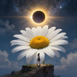 giant white daisy flower head, girl walking on cliff, surreal photography, solar eclipse, milky way, dramatic light, impressionist painting, clouds, digital painting, artstation, james gilleard and liam wong and jeremy mann