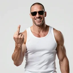 duke nukem wearing a tank top, sunglasses, being a narcissistic bodybuilder, showing middle finger, laughing at his house being on fire, high quality, very detailed, a beautiful photo, national geographic quality